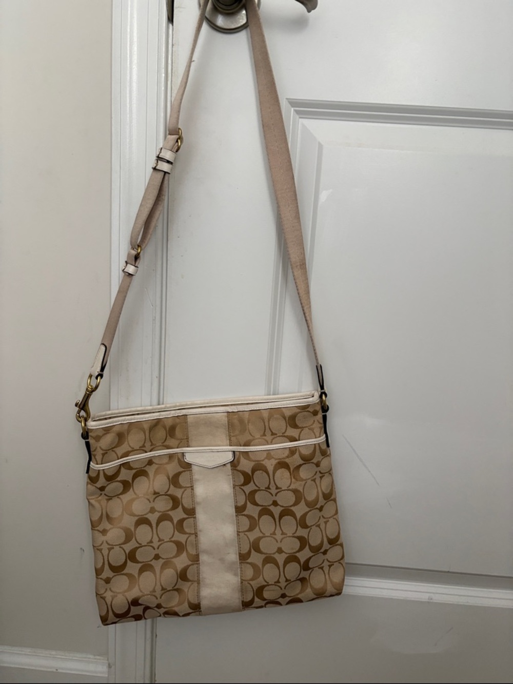 Coach Tan Signature Canvas Crossbody Bag with Cream Trim